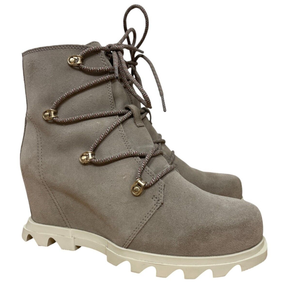 Sorel Joan Of Arctic Wedge III Lace Boots Womens 9 M Omega Taupe Chalk Suede